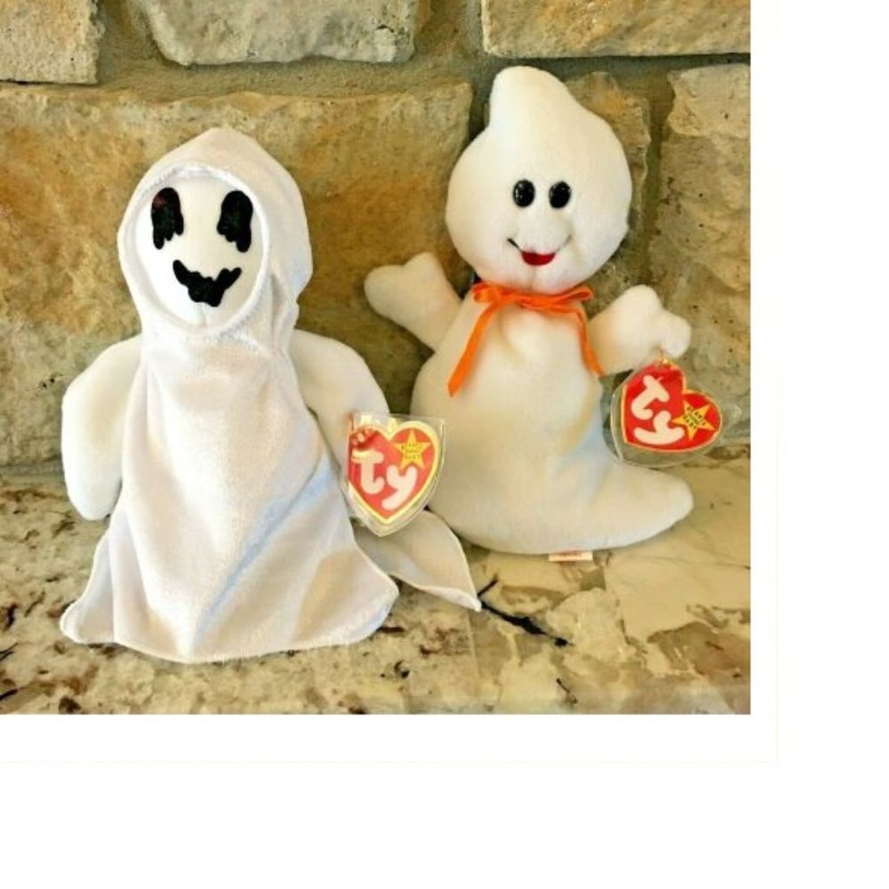 Lot of 2 Ty Halloween Ghost Beanie Babies Sheets the Ghost & Spooky the Ghost